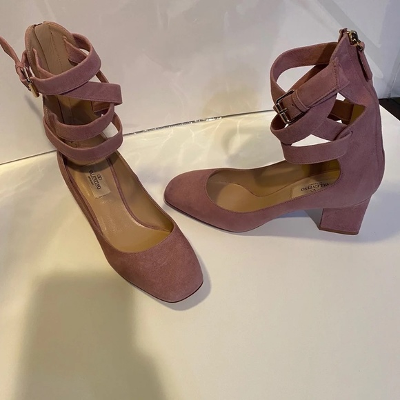 Valentino Garavani Shoes - Valentino Plum Suede Ballet Ankle Strap Pumps